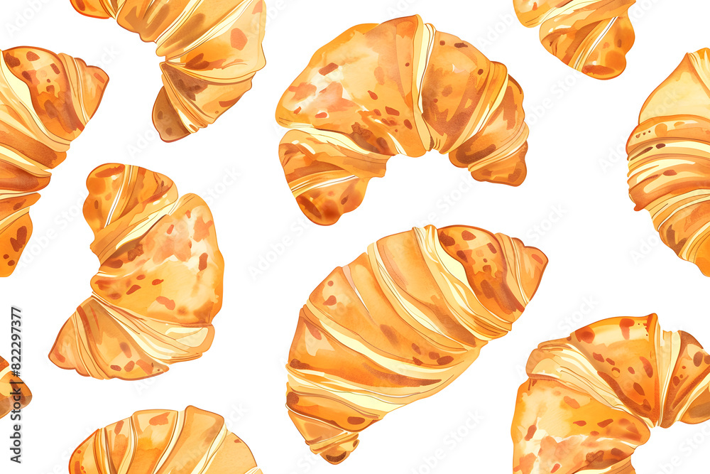 Flying croissants watercolor seamless pattern isolated on white background Flying croissants watercolor seamless pattern isolated on white background