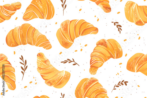 Flying croissants watercolor seamless pattern isolated on white background © Oksana