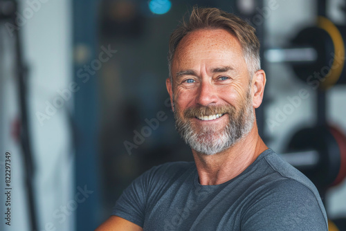 Smiling Mature Man in Gray Shirt at Gym