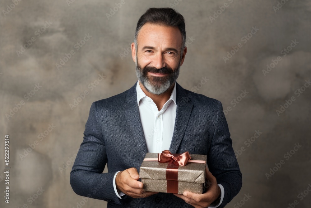 Portrait of a content man in his 40s holding a gift isolated on empty modern loft background Portrait of a content man in his 40s holding a gift isolated on empty modern loft background