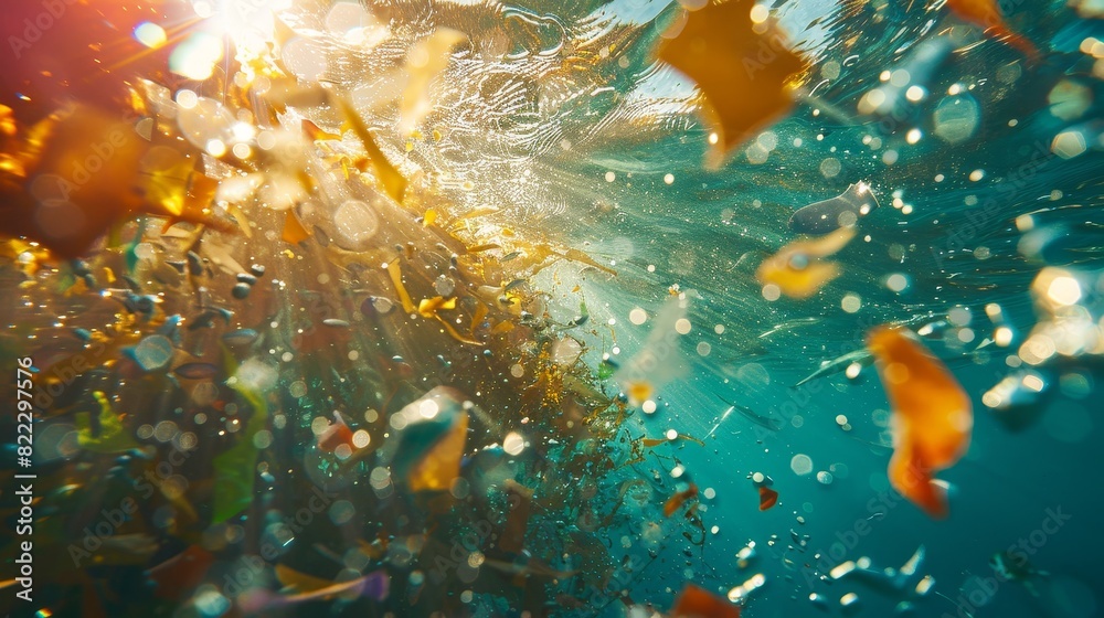 Plastic garbage floating in the ocean waves being a global ecological problem Plastic garbage floating in the ocean waves being a global ecological problem
