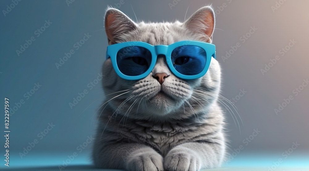 A cheerful cat with large sunglasses, blue background, 3d rendering funny illustrated animal