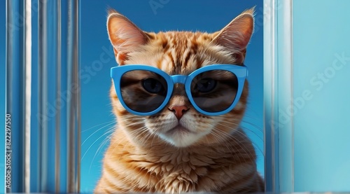 A cheerful cat with large sunglasses, blue background, 3d rendering funny illustrated animal
