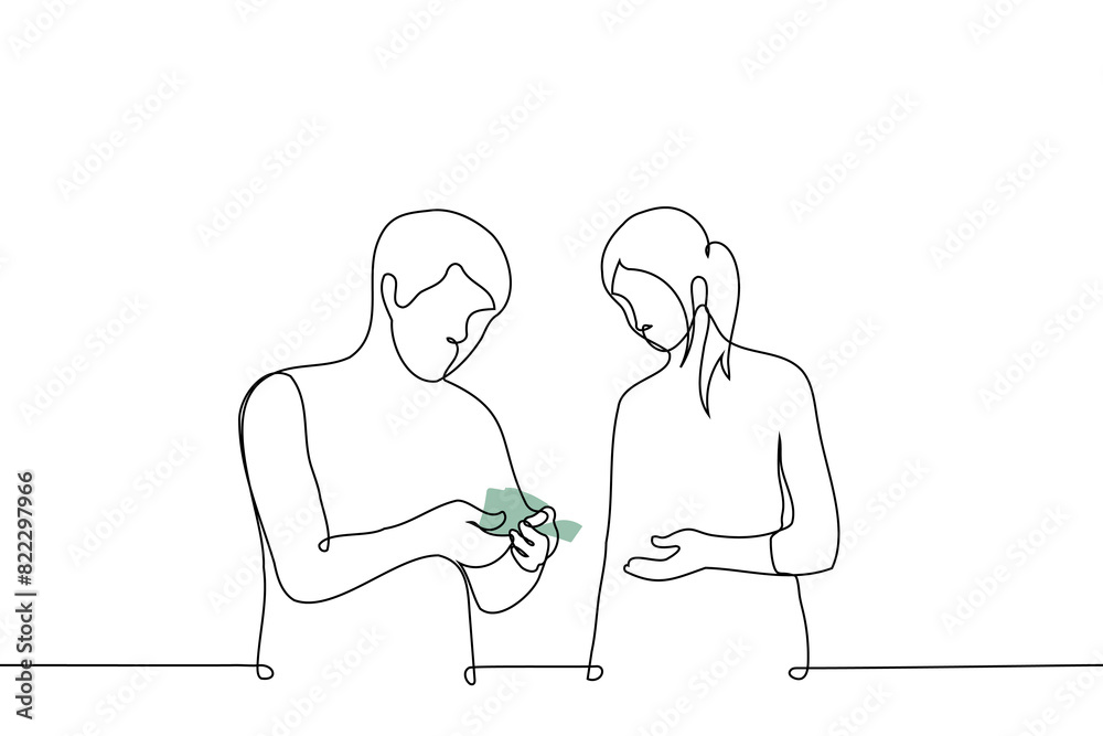 millennial man is counting out banknotes and a generation Z girl is standing next to him - one line art vector. concept of issuing salary in cash, tips millennial man is counting out banknotes and a generation Z girl is standing next to him - one line art vector. concept of issuing salary in cash, tips