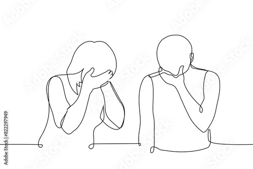 man and a woman stand next to each other, covering their faces with their hands and lowering their heads - one line art vector. concept couple crying, ashamed, cringing, grieving