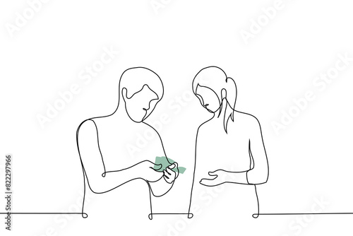 millennial man is counting out banknotes and a generation Z girl is standing next to him - one line art vector. concept of issuing salary in cash, tips