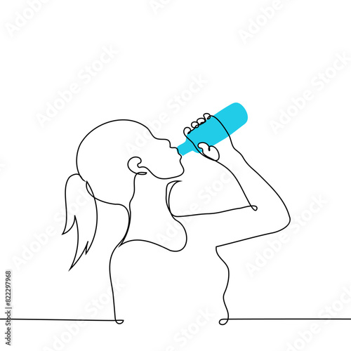 woman standing in profile and drinking from a plastic bottle - one line art vector. thirst quenching concept