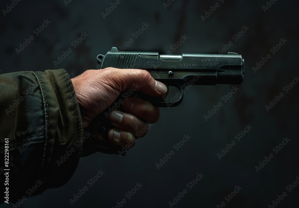 A dark backdrop frames a hand gripping a firearm. A dark backdrop frames a hand gripping a firearm.