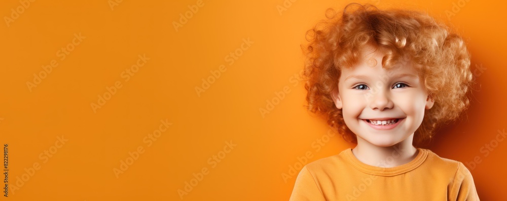 Orange background Happy european white child realistic person portrait of young beautiful Smiling child Isolated on Background Banner with copyspace blank 