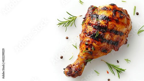 Fantastic Thai-style grilled chicken leg on the top view, separated from the backdrop with room for writing on a white background, Generative AI.