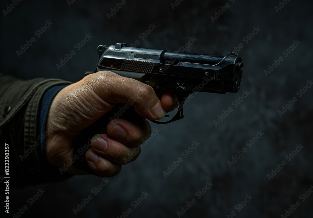 A dark backdrop frames a hand gripping a firearm. A dark backdrop frames a hand gripping a firearm.