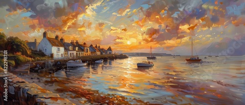 An oil painting of a serene coastal village at sunset