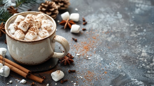 A mug of hot chocolate with marshmallows and cinnamon on a table