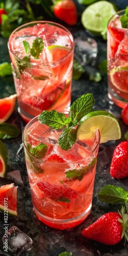 Refreshing strawberry mojitos with vibrant colors of red strawberries, green mint, lime, against dark background, evokes summer party vibes and beach holidays.