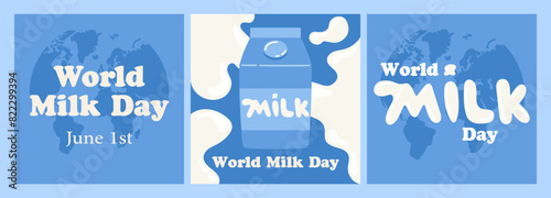World milk day. 1 June. Banner, card, poster, flyer with dairy drops and splash, milk box. National dairy month. Vector illustration in flat hand drawn style