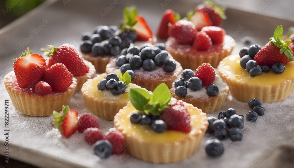 A close-up picture featuring three different tarts with fruits such as blueberries, strawberries, powdered sugar, and whole berries for added visual appeal. A close-up picture featuring three different tarts with fruits such as blueberries, strawberries, powdered sugar, and whole berries for added visual appeal.