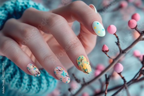 A Woman s Hand With Colorful Nails Easter-Themed Nail Art Nail Salon