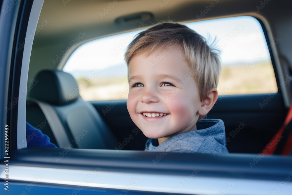 happy smiling child looks out the window, goes on a trip, on an excursion, close-up portrait happy smiling child looks out the window, goes on a trip, on an excursion, close-up portrait