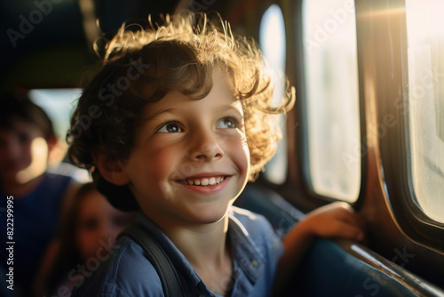 happy smiling child looks out the window, goes on a trip, on an excursion, close-up portrait