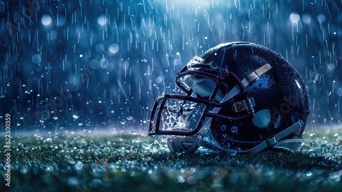 A vivid depiction of a water drop-themed American football helmet during an intense moment on a cricket field, with floodlights shining down, capturing the movement, rain, and dirt in striking detail photo