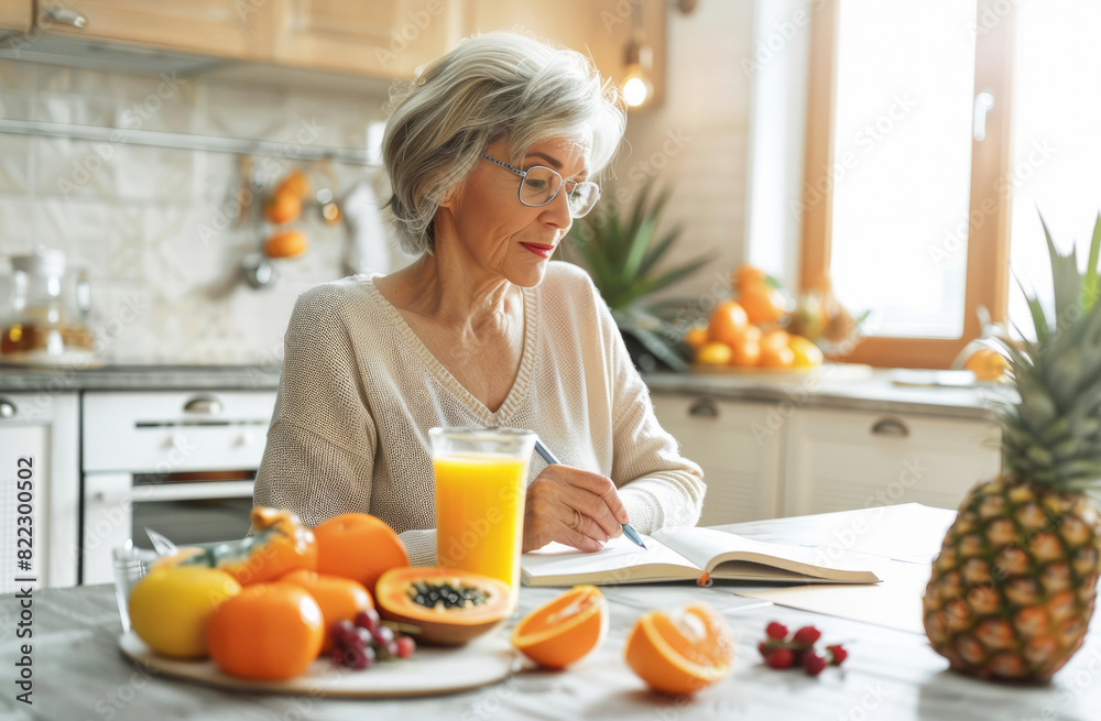 a middle aged woman in a blue shirt sitting at a kitchen table with a notebook and fruit juice, looking thoughtfully into the distance