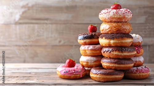 A stack of donuts with a strawberry on top