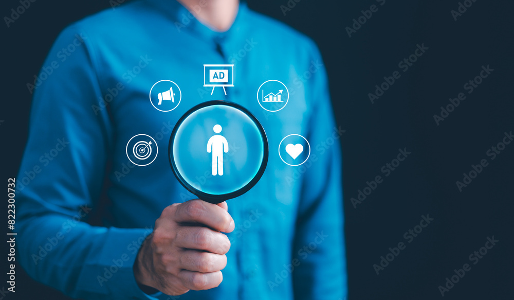 Target customer, buyer persona, customer behavior concept. Marketing plan and strategies. Personalization marketing, customer centric strategies. Businessman showing on screen to target customer.