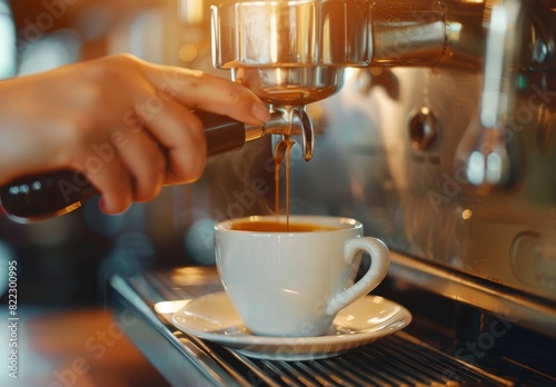 A proficient barista brews espresso  pouring it into a ceramic cup  amid a warm caf   atmosphere.