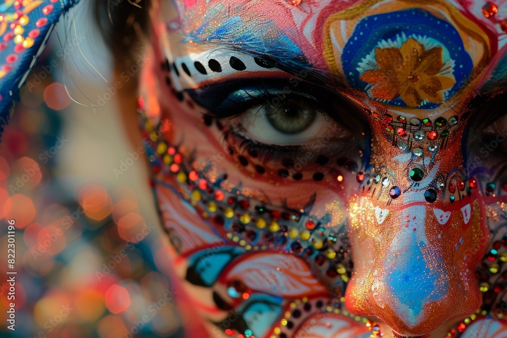 Elaborate Face Paint for Theater Performance Showcasing Intricate Designs and Vibrant Colors Elaborate Face Paint for Theater Performance Showcasing Intricate Designs and Vibrant Colors