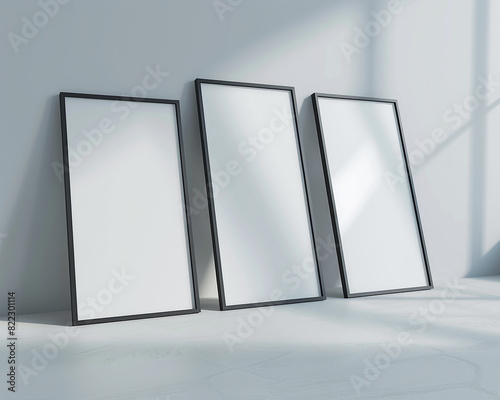 Fototapeta Naklejka Na Ścianę i Meble -  A series of three empty white frames with dark borders, spotlighted and arranged in a staggered fashion against a light gray wall