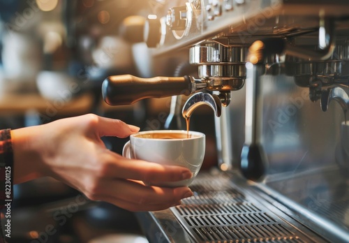 A proficient barista brews espresso, pouring it into a ceramic cup, amid a warm café atmosphere.