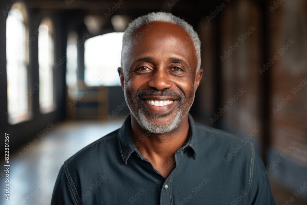 Portrait of a joyful afro-american man in his 50s smiling at the camera isolated on empty modern loft background