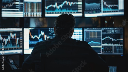 Stock Broker at Work: Financial Markets and Graphs on Multiple Monitors - Perfect for Financial Analysis and Trading Promotions