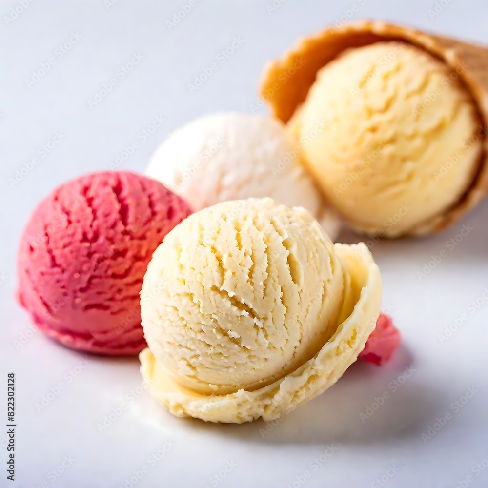 3 different scoops of ice cream cone dessert food white background.