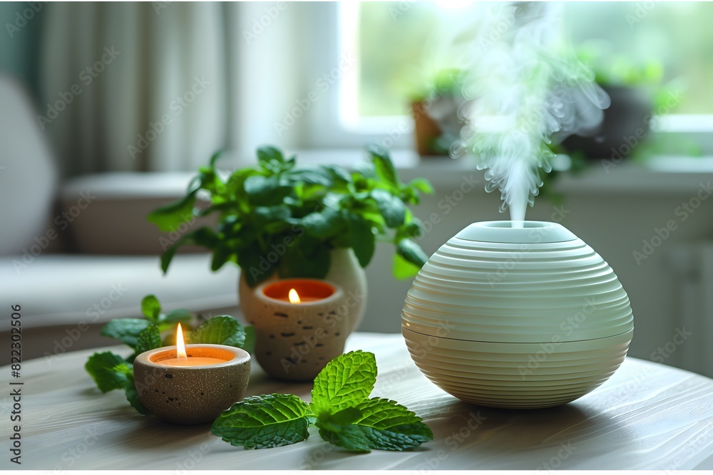 Energizing diffuser with peppermint essential oil and fresh leaves in green hues at living room area Energizing diffuser with peppermint essential oil and fresh leaves in green hues at living room area
