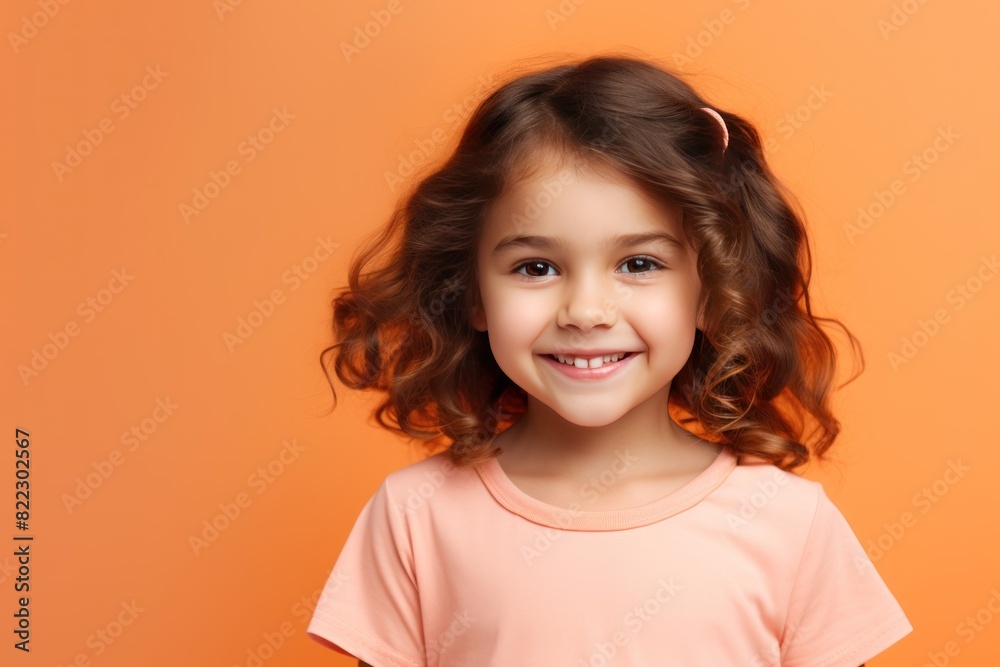 Peach background Happy european white child realistic person portrait of young beautiful Smiling child Isolated on Background Banner with copyspace blank 