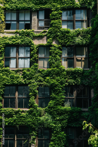 Urban Building with Ivy Covered Brick Facade and Large Windows