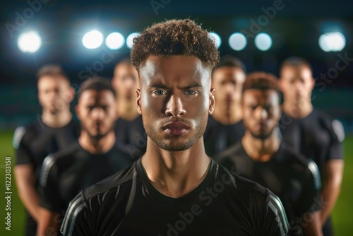 Professional men's soccer team posing and concentrating before a match