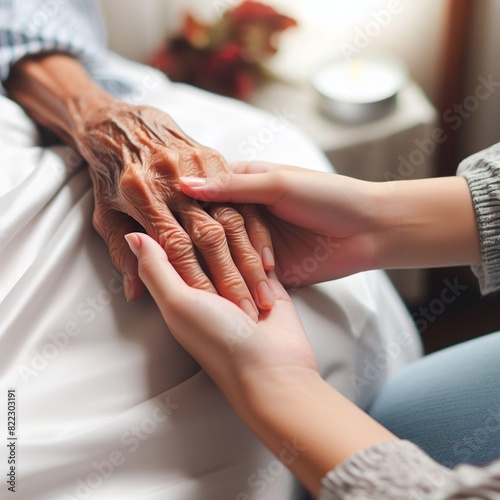 A young hand touching an old hand on a bed, helping and caring for the elderly