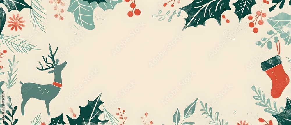 Whimsical Christmas Border Frame with Muted Pastel Foliage and Festive Motifs Whimsical Christmas Border Frame with Muted Pastel Foliage and Festive Motifs