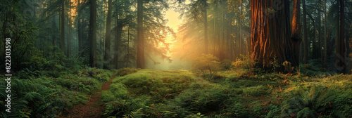 Sunlit Path through Lush Forest with Massive Trees and Ferns at Sunrise