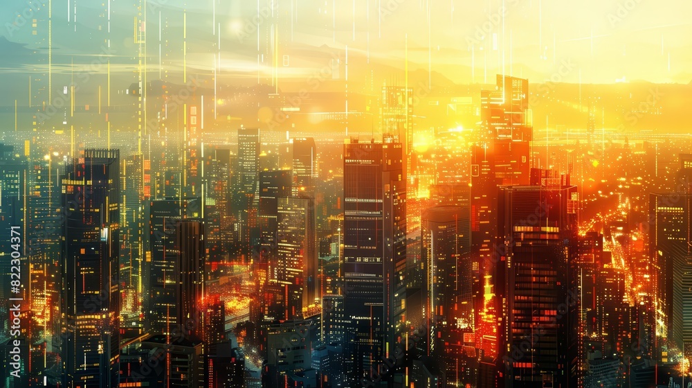 Panoramic view grid of a bustling urban skyline at sunset