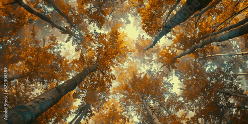 Mesmerizing Fall Foliage Seen from Below in Forest with Tall Trees