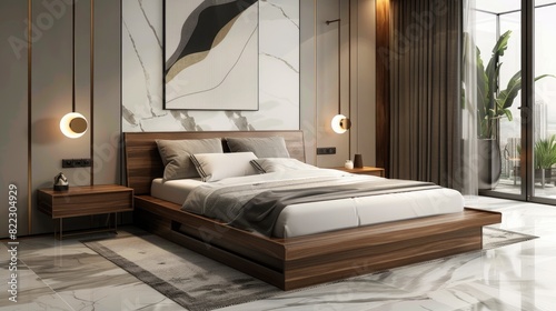 Modern exclusive style Master bedroom with cozy wooden bed, comfortable mattress, Neat bedsheet, Expensive acrylic paint, colorful, artistic, Wall arts, Lamps, side view.