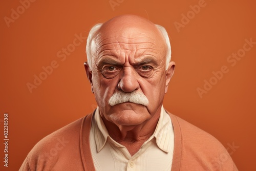 Peach background sad european white man grandfather realistic person portrait older person beautiful bad mood old man Isolated on Background ethnic diversity