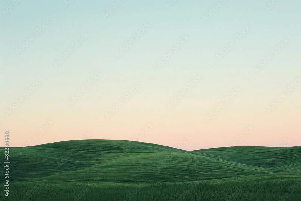 A minimalist landscape of rolling hills at dusk, soft earth tones, clear sky above for text placement.