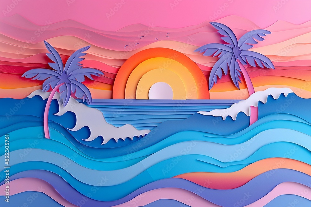 An artistic paper cut depiction of a summer evening sky, with layered clouds in various shades of pink, orange, and yellow, and a glowing sun setting behind a calm ocean