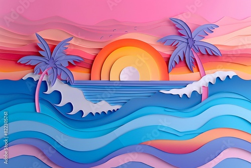 An artistic paper cut depiction of a summer evening sky  with layered clouds in various shades of pink  orange  and yellow  and a glowing sun setting behind a calm ocean
