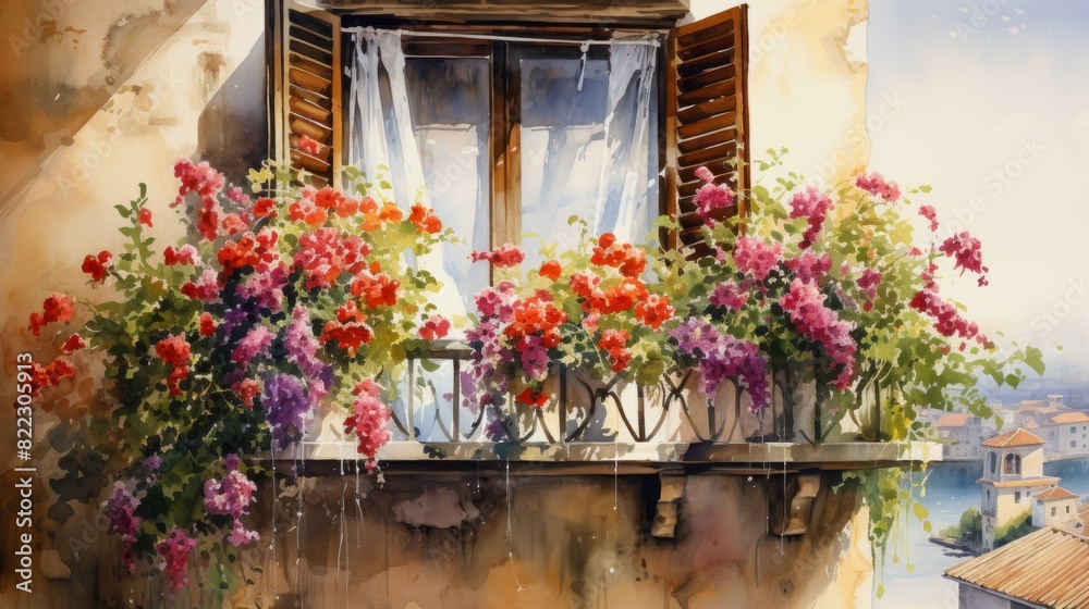 Italian window and balcony facade with flowers front view watercolor painting