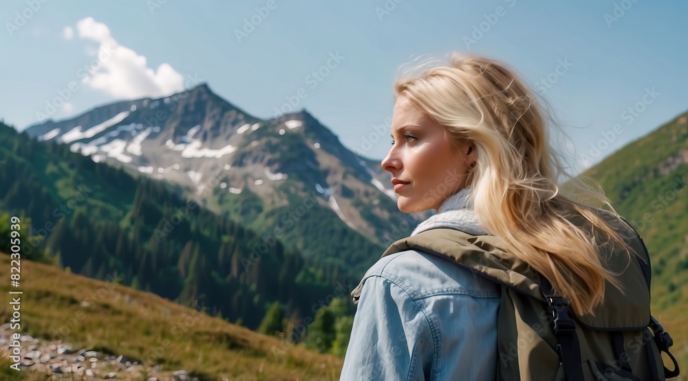 Obraz premium Beautiful attractive blonde woman model with backpack hiking in mountains with blue sky mountain background